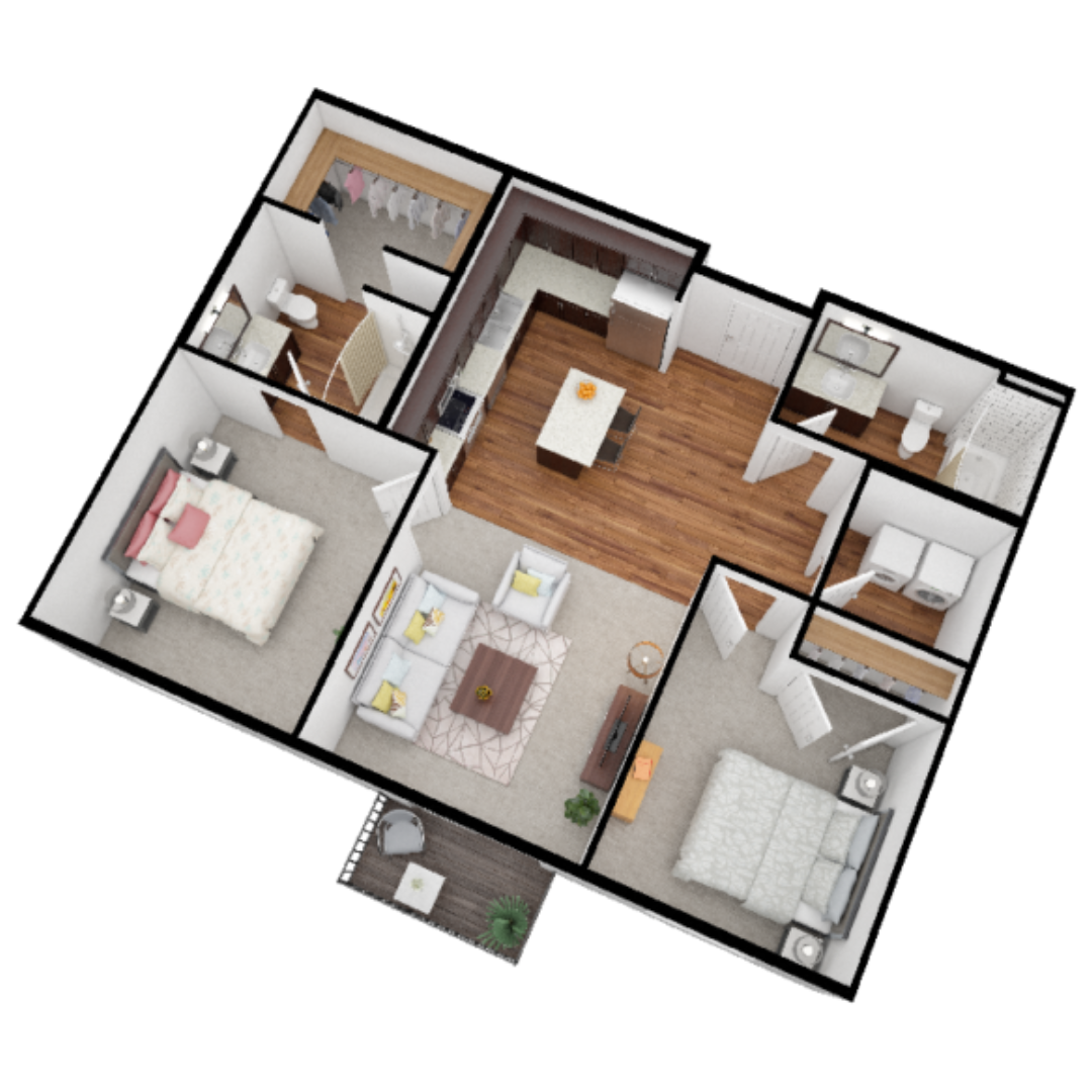 Floor plan for 2 beds, 2 baths, 1020 sqft